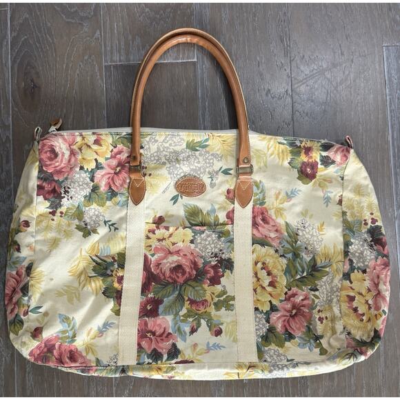 Vintage Gitano Floral Canvas Duffle Bag Weekender Large Tapestry Leather Handle - Picture 1 of 6